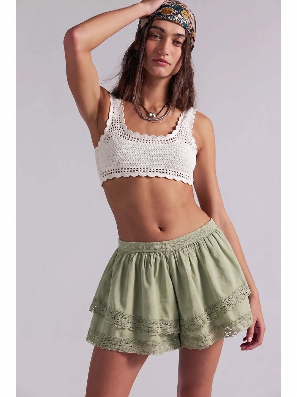 Free People Bohemian Layered Lace Pull On Full Harmony Shorts Green Small NWT